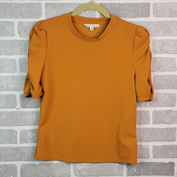 Haute Monde Burnt Orange Boho Sinched Ruffled Sleeve High Fashion Blouse Top M - Picture 2 of 16